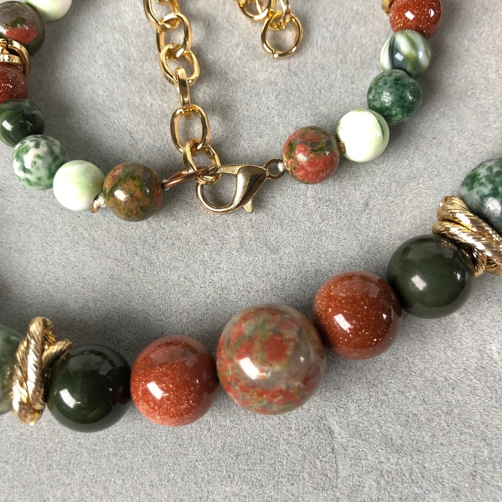 Natural Stone Beads Jewelry Set Unakite Green Jasper Goldstone Gold Tone Spacers - Picture 7 of 11